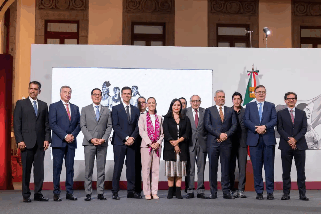 La presidenta de México, Claudia Sheinbaum, junto con representantes de cuatro empresas del sector farmacéutico que anunciaron inversiones por más de 12 mil millones de pesos, durante su conferencia matutina en Palacio Nacional, en la Ciudad de México, el 7 de agosto de 2025. Foto Presidencia