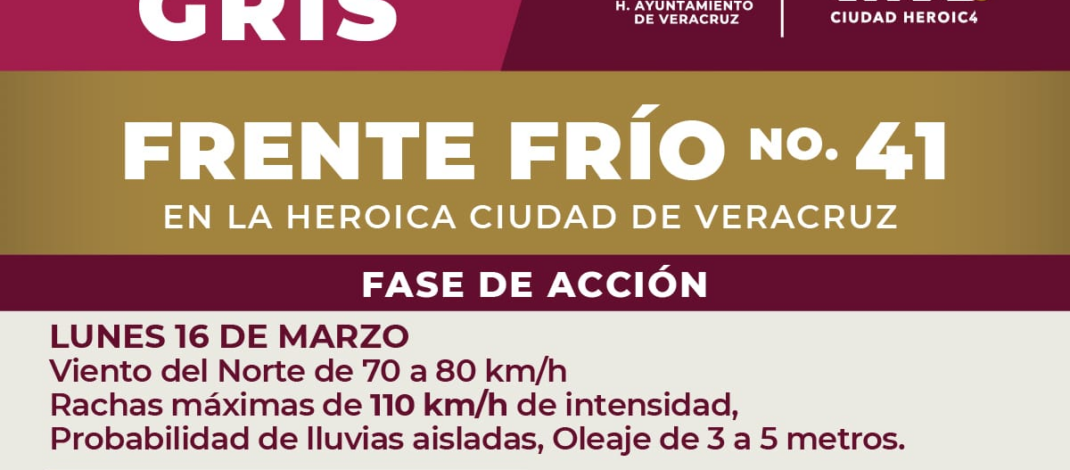 Emite PC municipal de Veracruz alerta gris por Frente Frío 41 y fuertes vientos